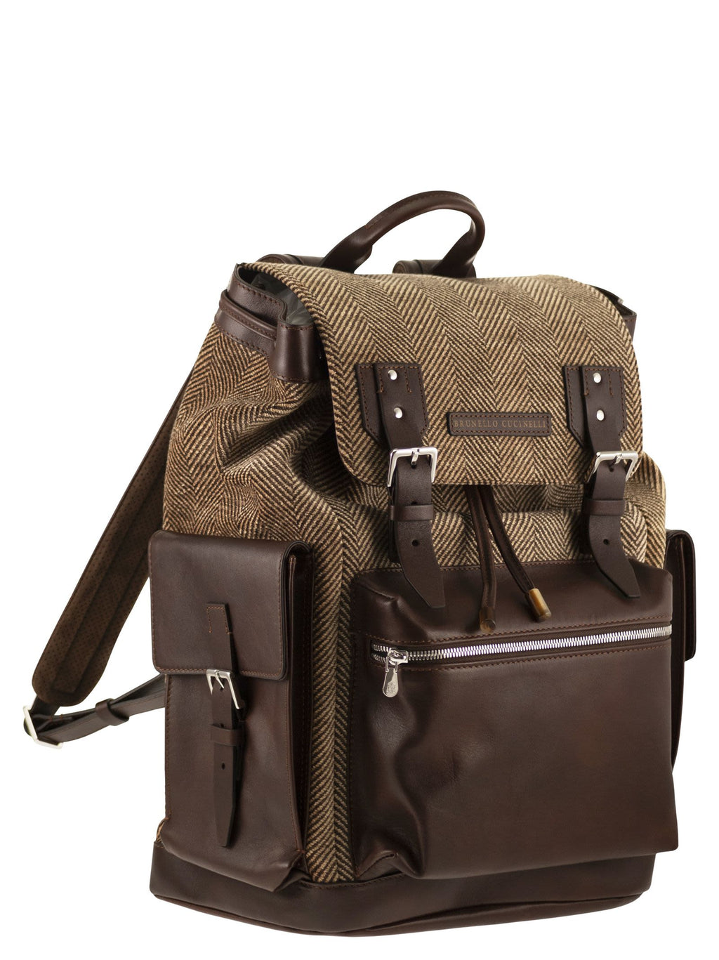 Brunello Cucinelli Men Herringbone-Texture Backpack With Leather Trims