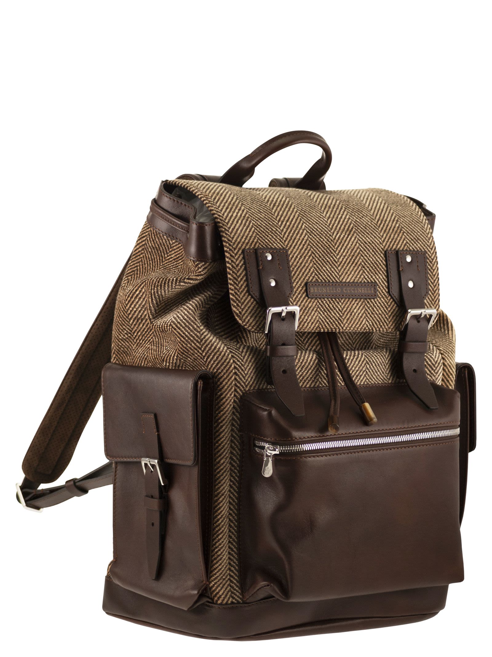 Brunello Cucinelli Men Herringbone-Texture Backpack With Leather Trims