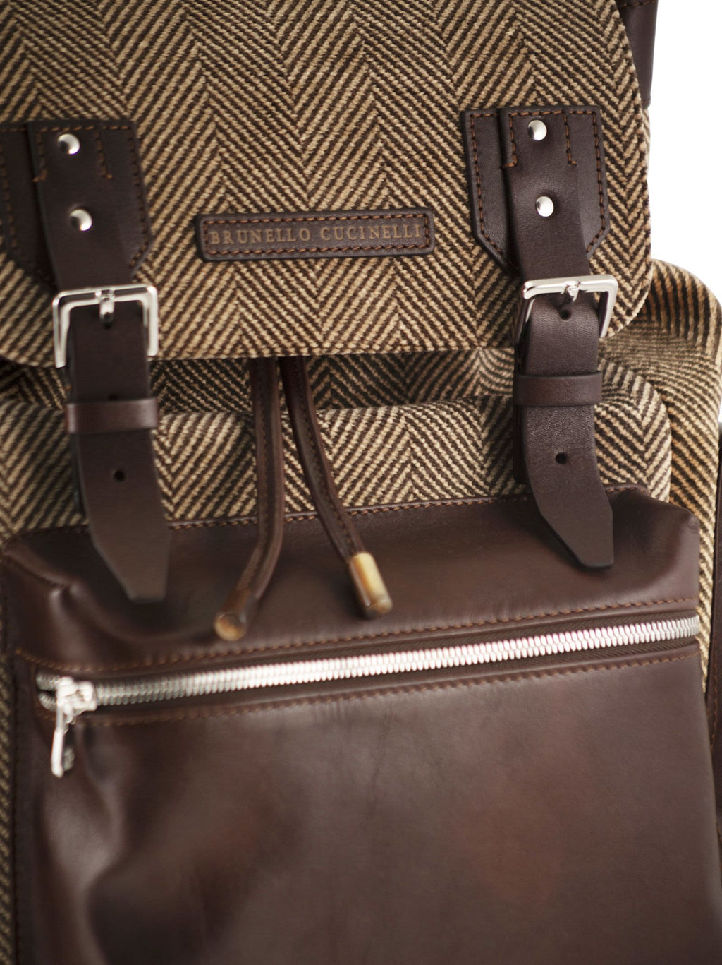 Brunello Cucinelli Men Herringbone-Texture Backpack With Leather Trims