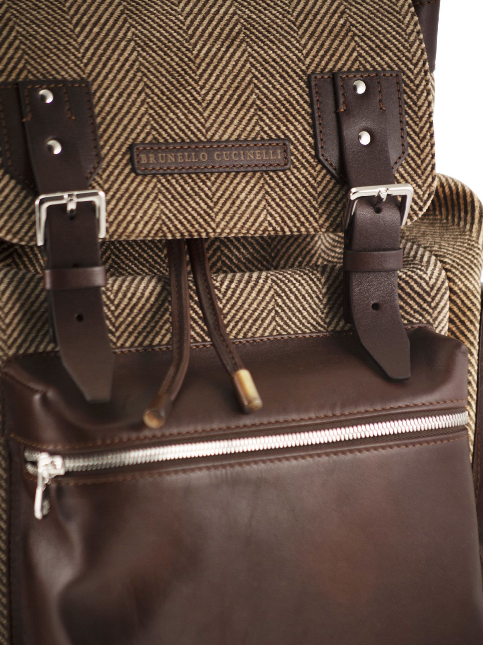 Brunello Cucinelli Men Herringbone-Texture Backpack With Leather Trims