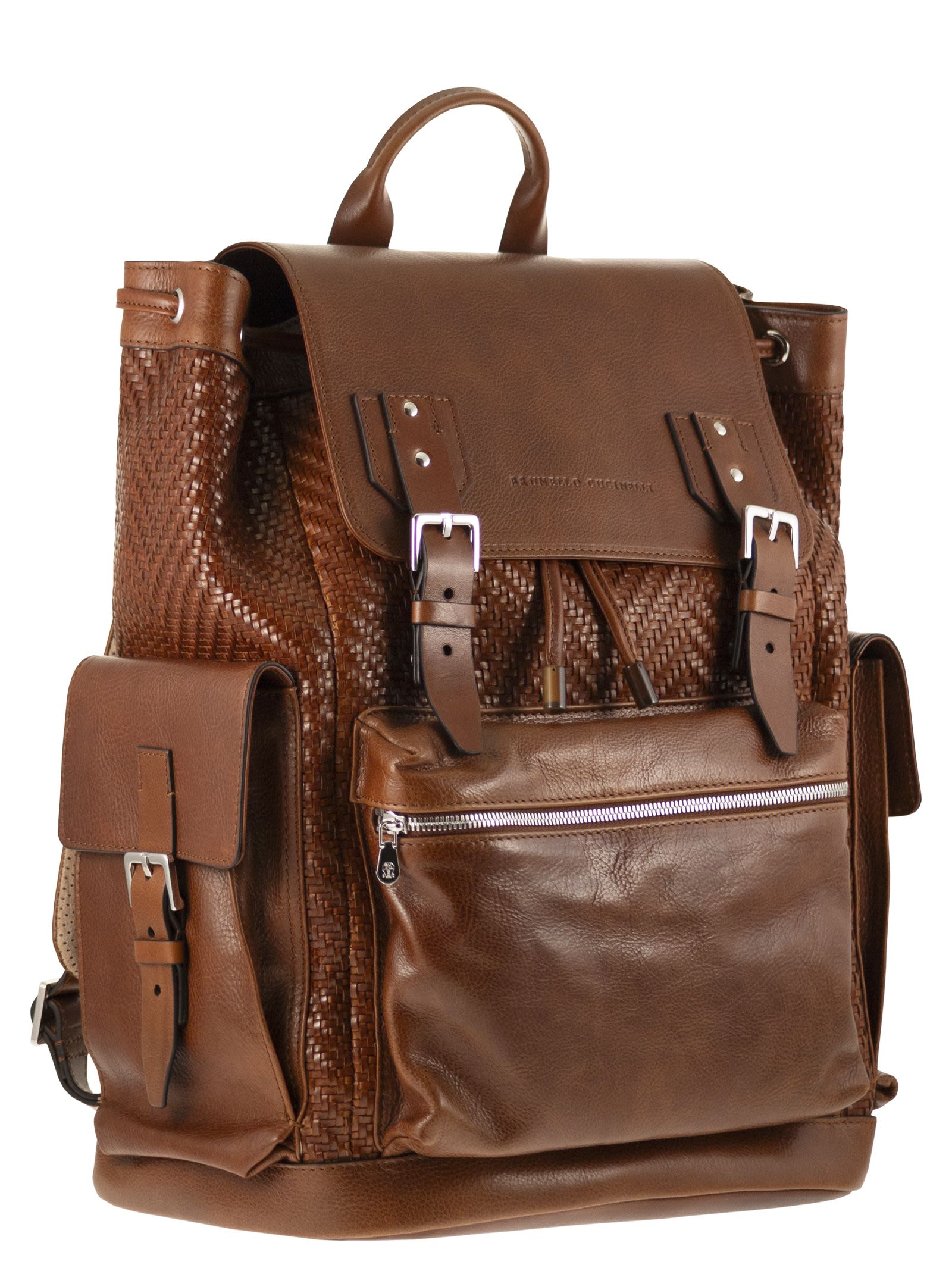 Brunello Cucinelli Men City Backpack In Woven Calfskin And Cowhide Leather