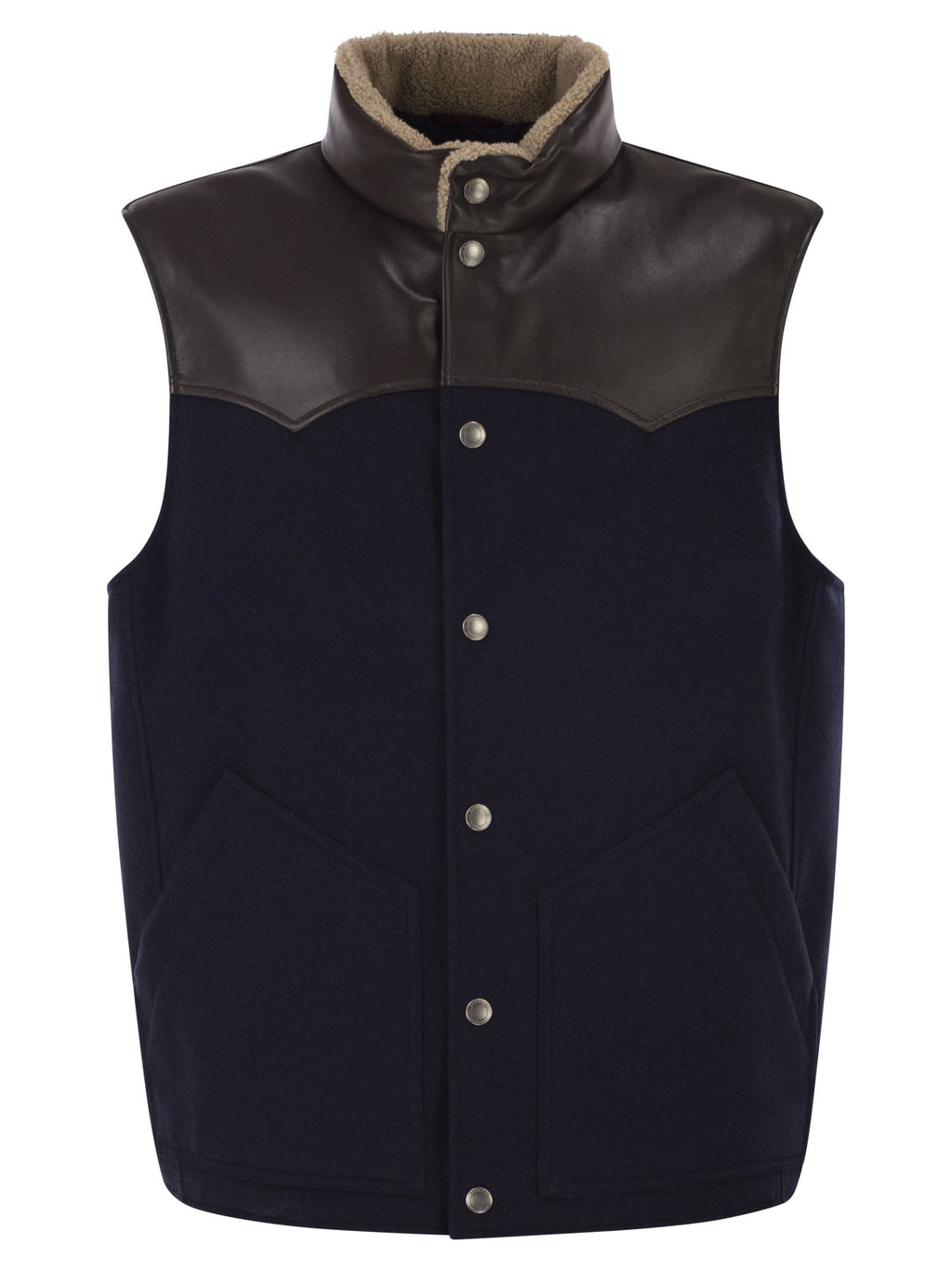 Brunello Cucinelli Men Wool Padded Gilet With Leather Trims And Shearling Collar