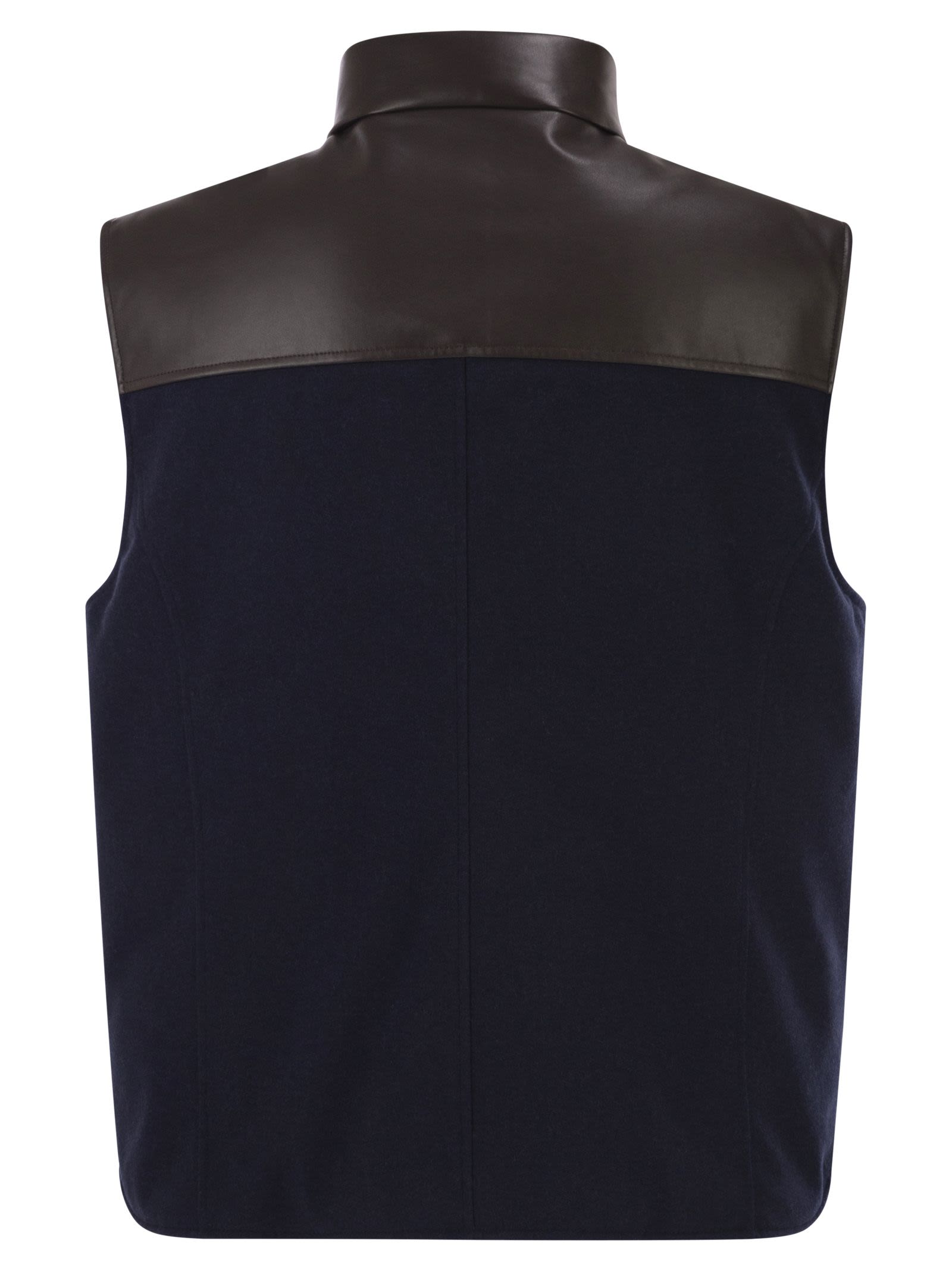 Brunello Cucinelli Men Wool Padded Gilet With Leather Trims And Shearling Collar