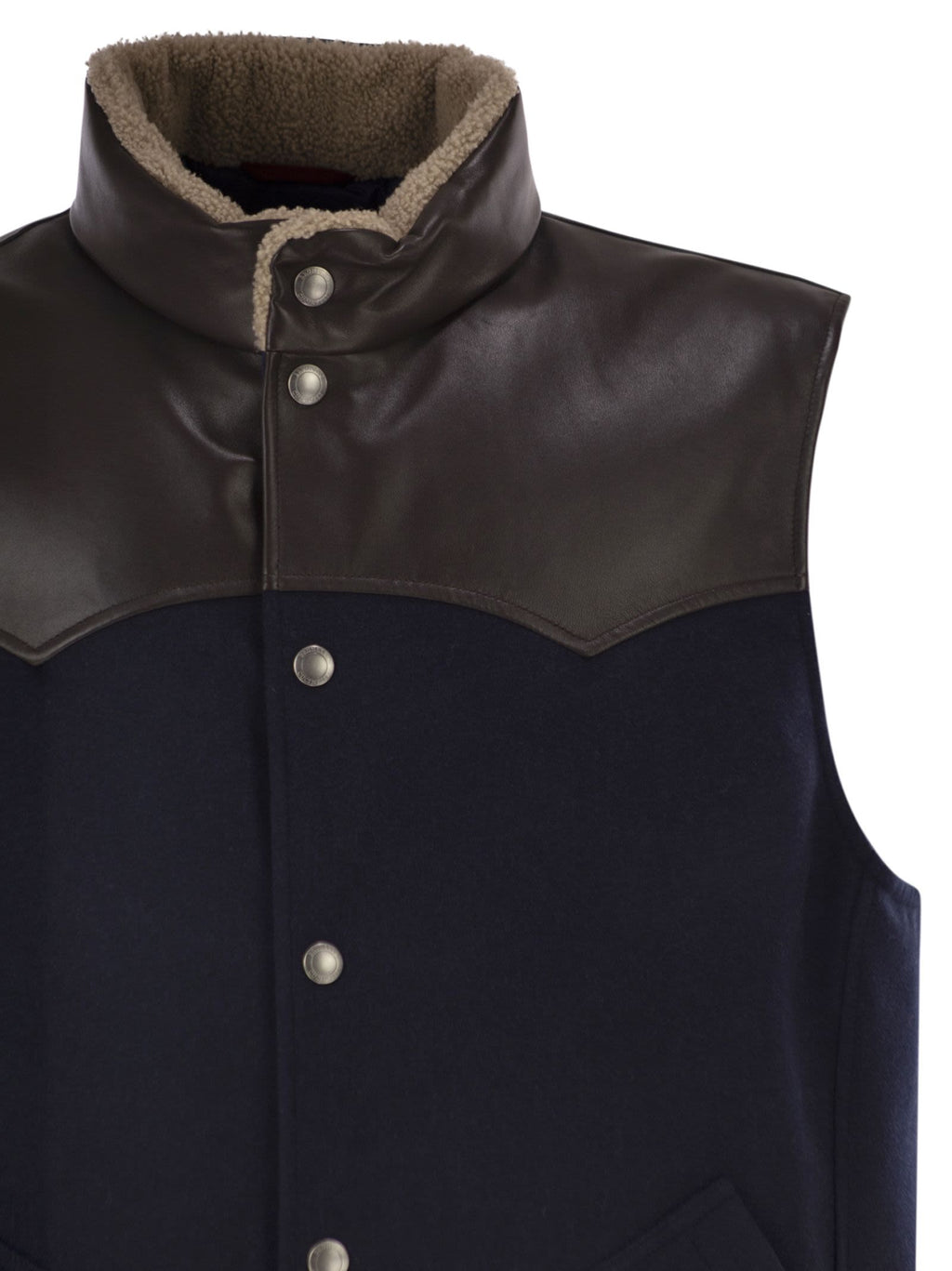 Brunello Cucinelli Men Wool Padded Gilet With Leather Trims And Shearling Collar
