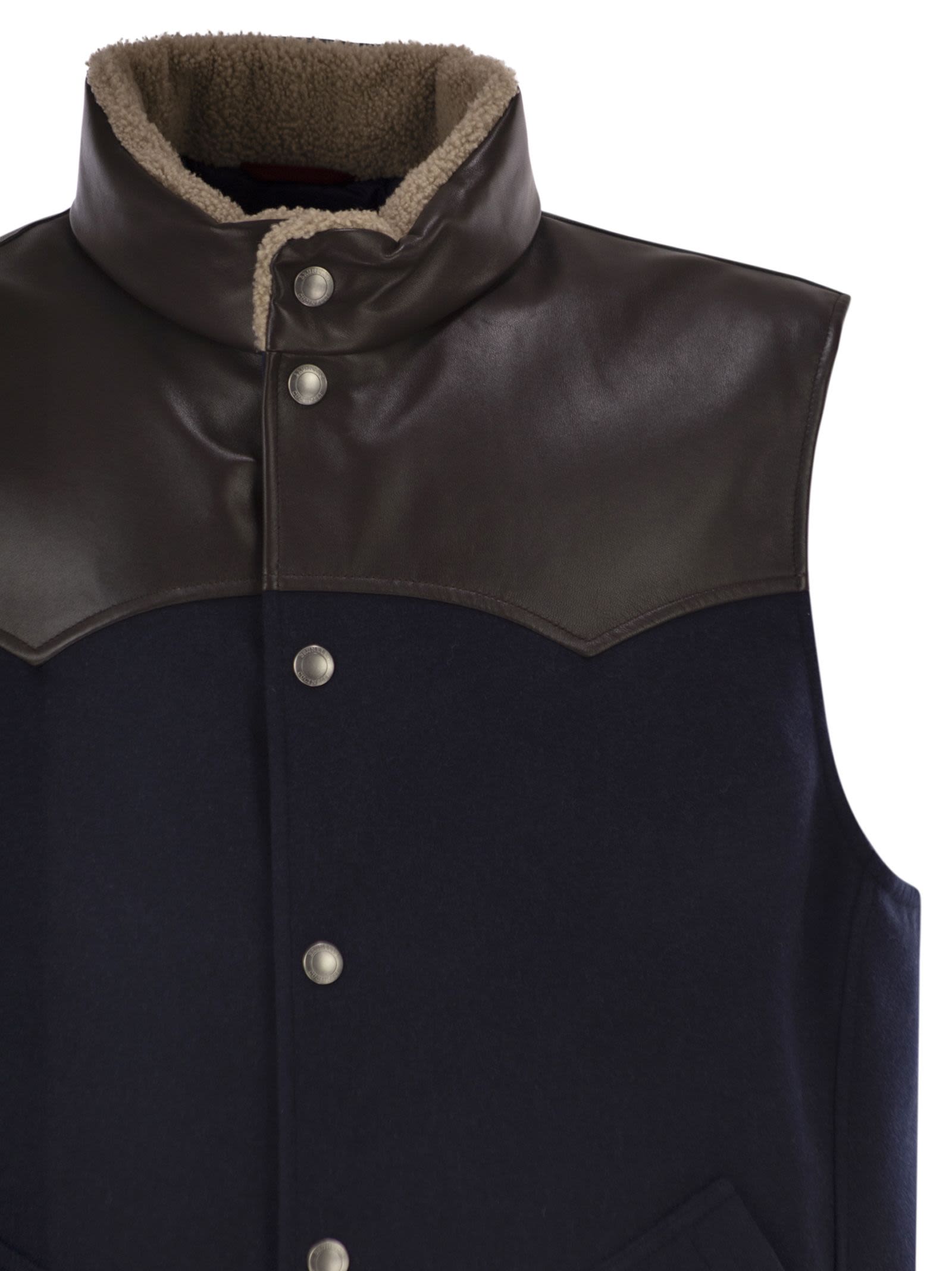 Brunello Cucinelli Men Wool Padded Gilet With Leather Trims And Shearling Collar