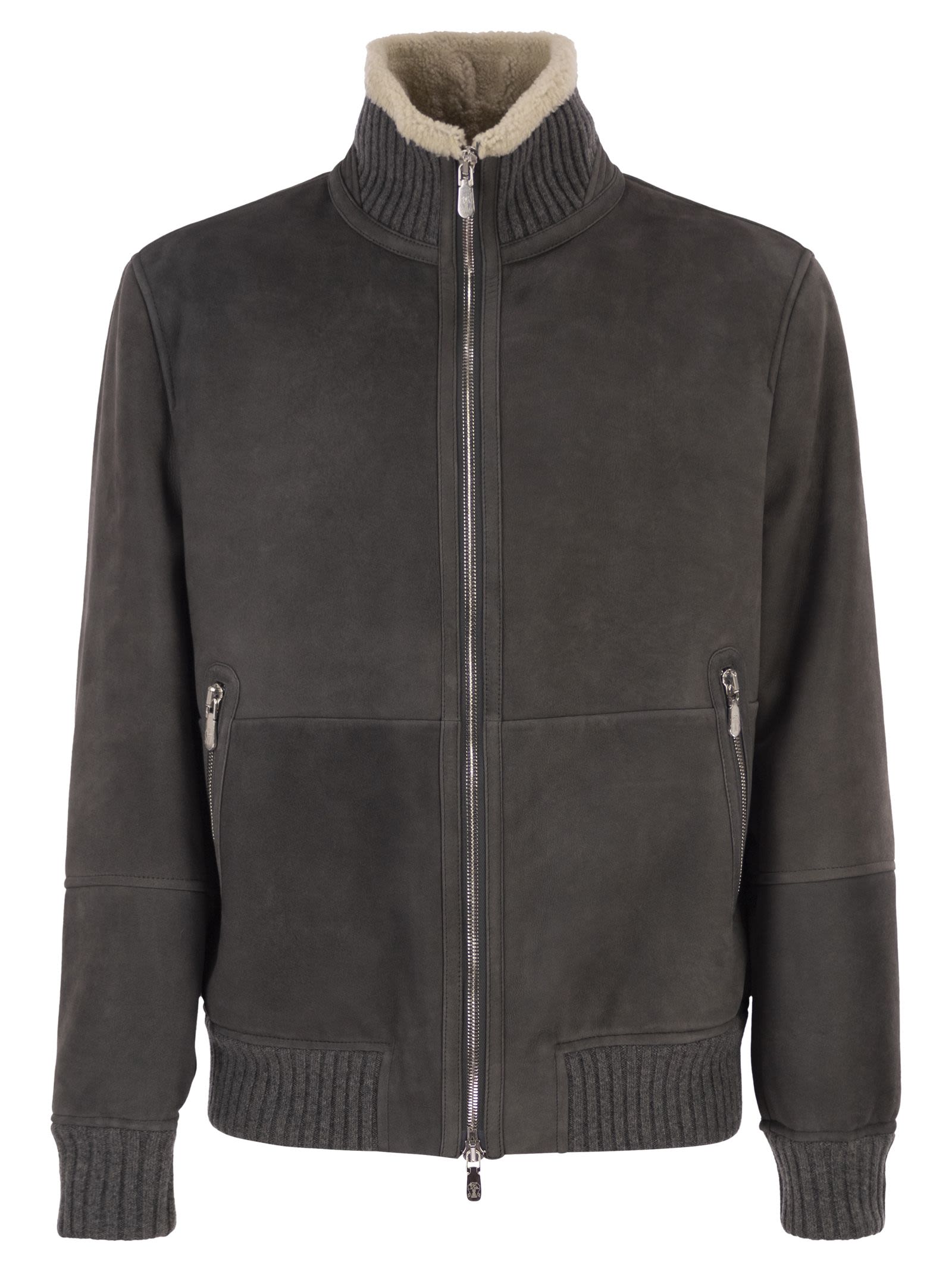 Brunello Cucinelli Men Shearling Aviator Jacket With Cashmere Knit Details