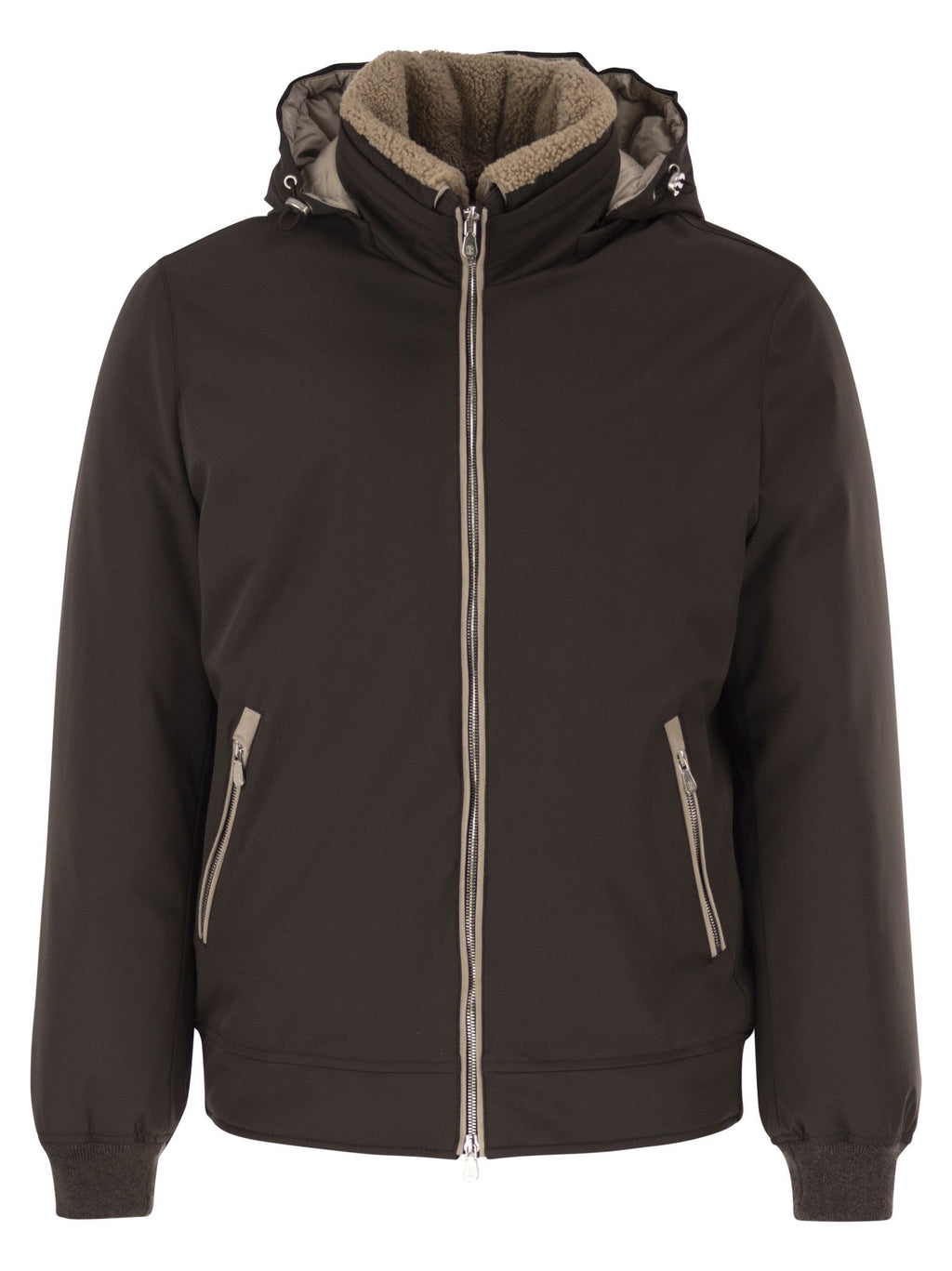 Brunello Cucinelli Men Padded Hooded Bomber Jacket With Shearling Details