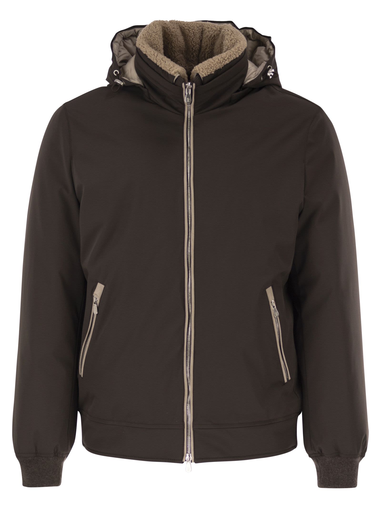 Brunello Cucinelli Men Padded Hooded Bomber Jacket With Shearling Details