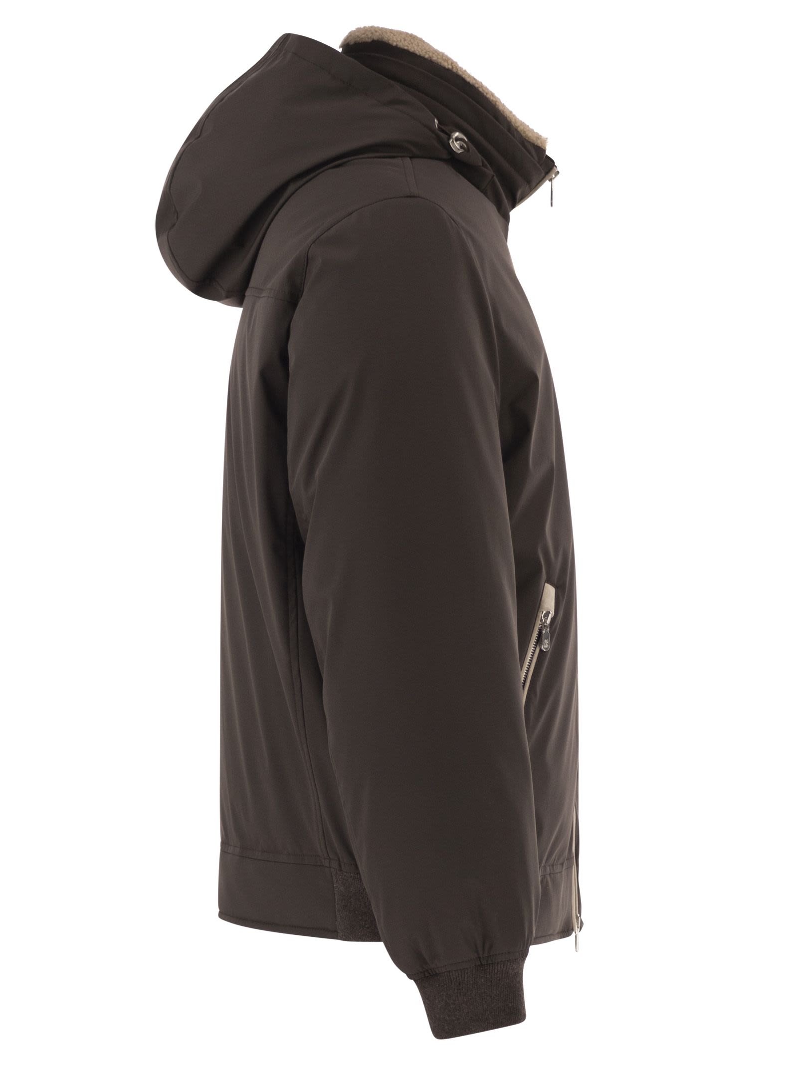 Brunello Cucinelli Men Padded Hooded Bomber Jacket With Shearling Details