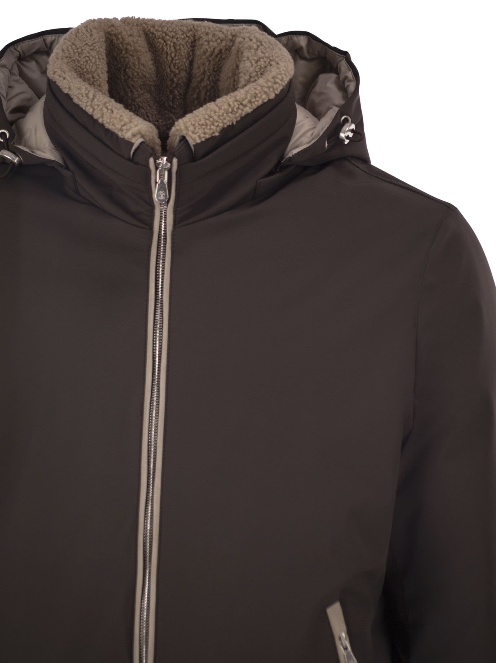 Brunello Cucinelli Men Padded Hooded Bomber Jacket With Shearling Details