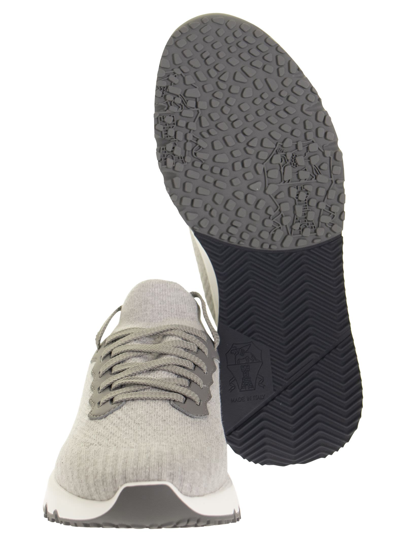 Brunello Cucinelli Men Runners In Cotton Knit And Semi-Glossy Calf Leather