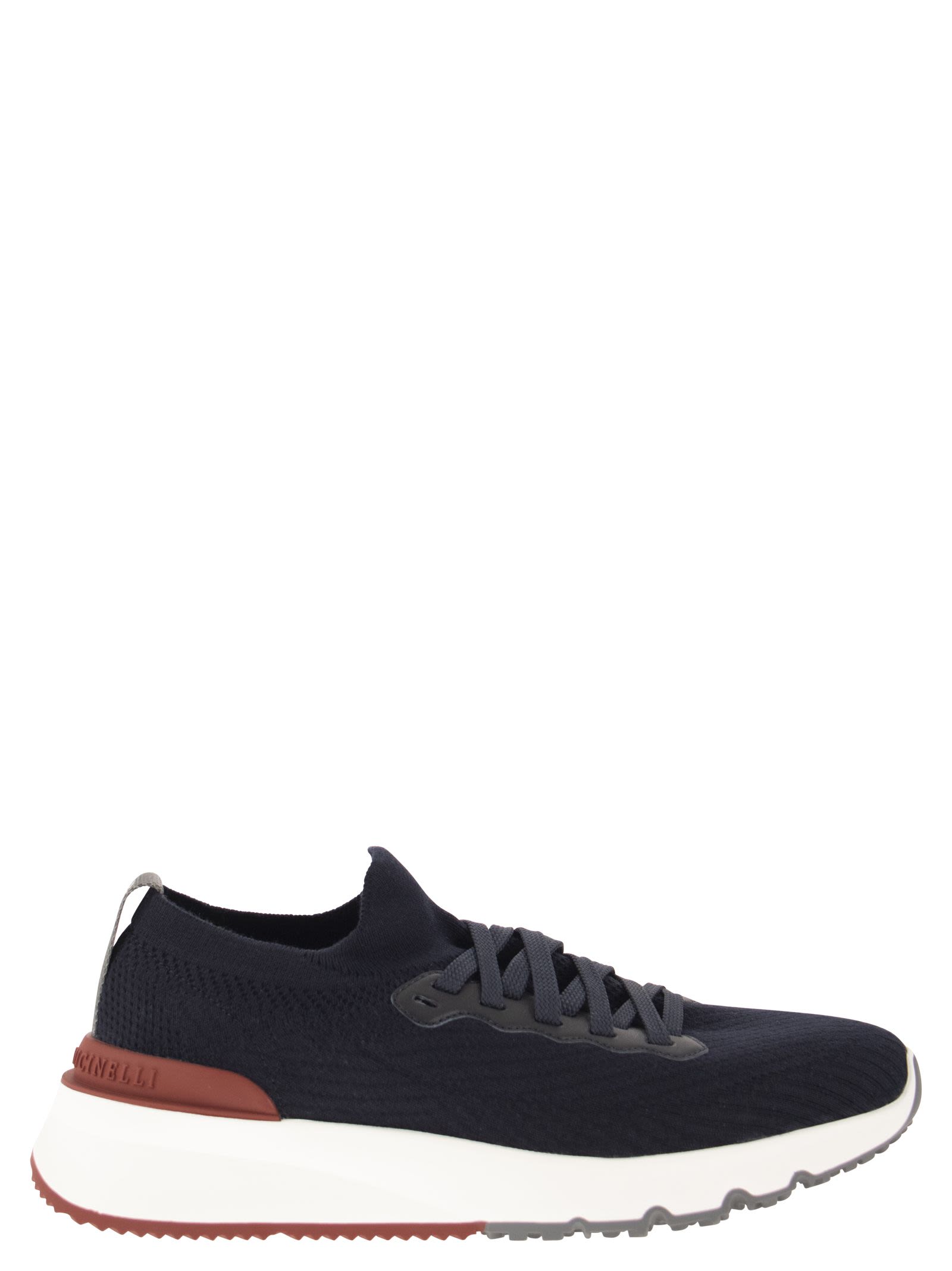 Brunello Cucinelli Men Runners In Cotton Knit And Semi-Glossy Calf Leather