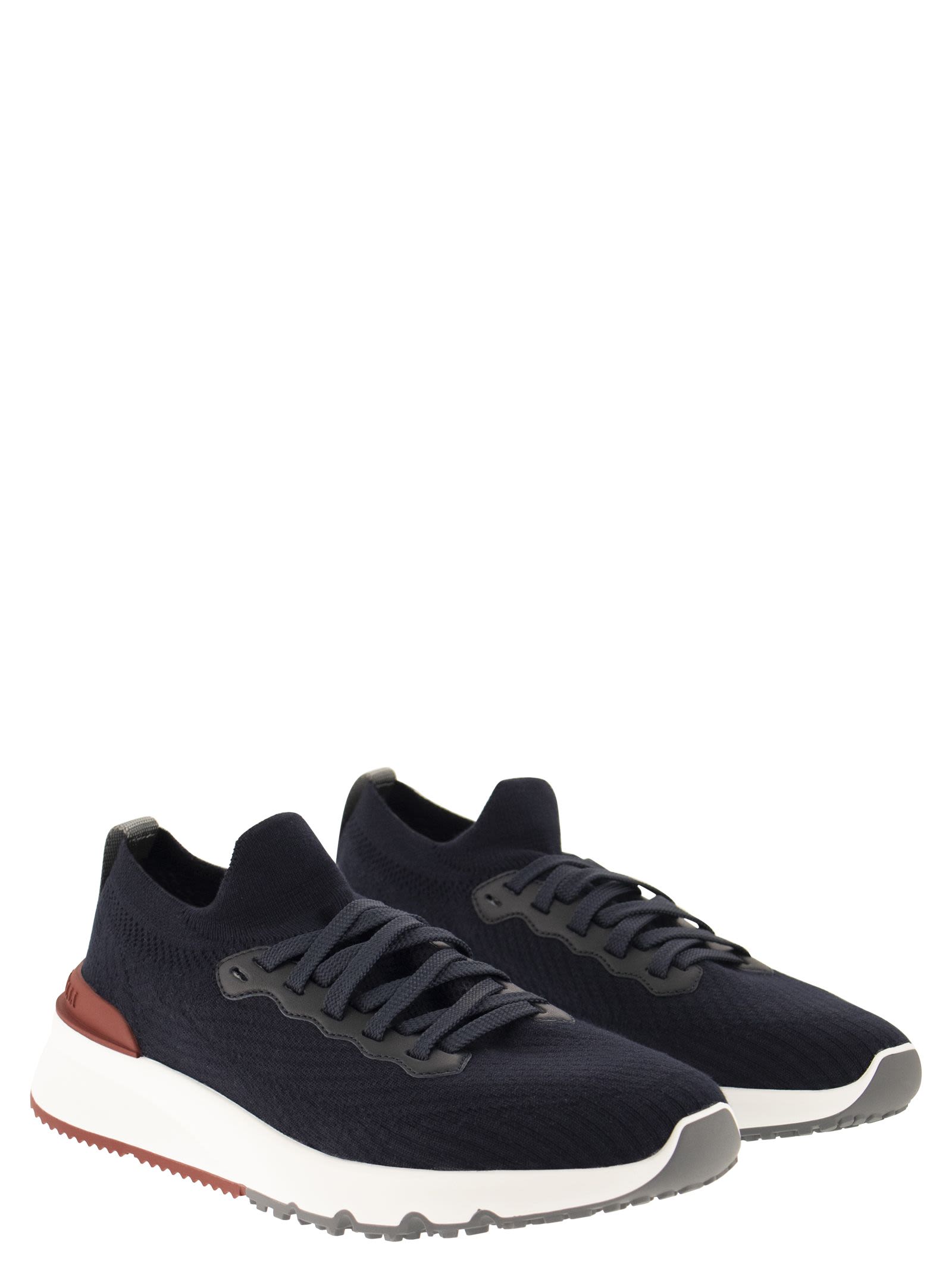 Brunello Cucinelli Men Runners In Cotton Knit And Semi-Glossy Calf Leather