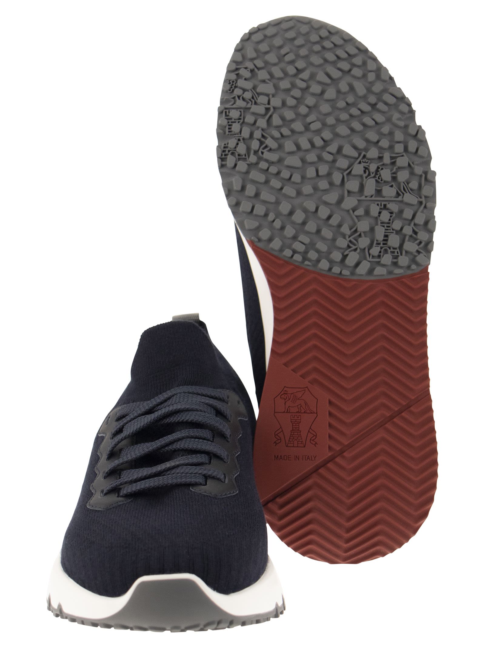 Brunello Cucinelli Men Runners In Cotton Knit And Semi-Glossy Calf Leather