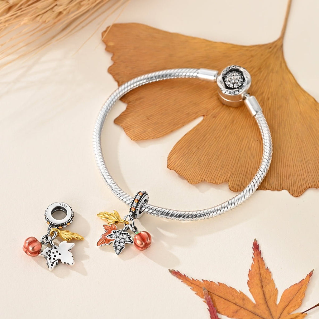 Autumn Harvest Pumpkin & Leaves Dangle Charm