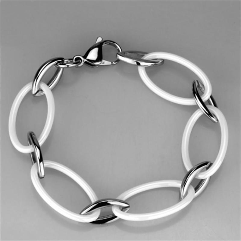 High polished (no plating) Stainless Steel Bracelet with Ceramic in White