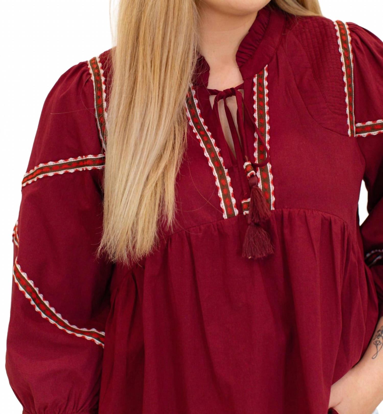 Embroidered Trim Babydoll Blouse In Burgundy