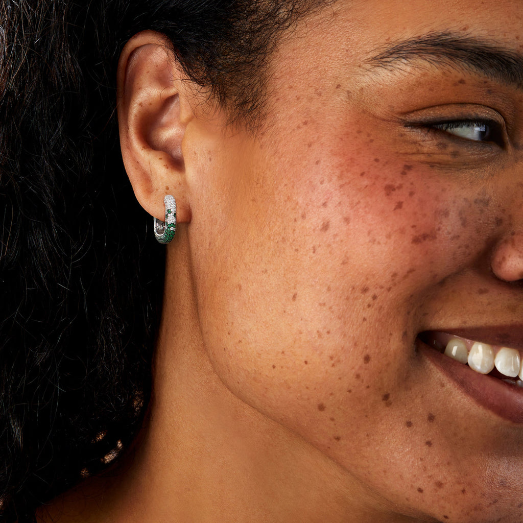Ross-Simons Italian . Simulated Emerald and . CZ Square Hoop Earrings in Sterling Silver