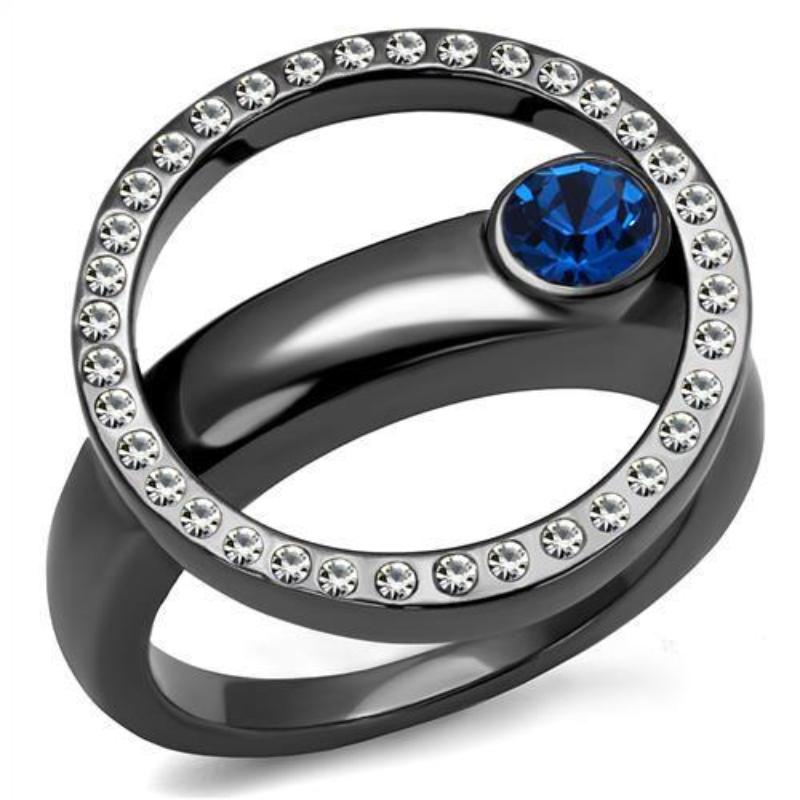 IP Light Black Stainless Steel Ring with Top Grade Crystal in Capri Blue