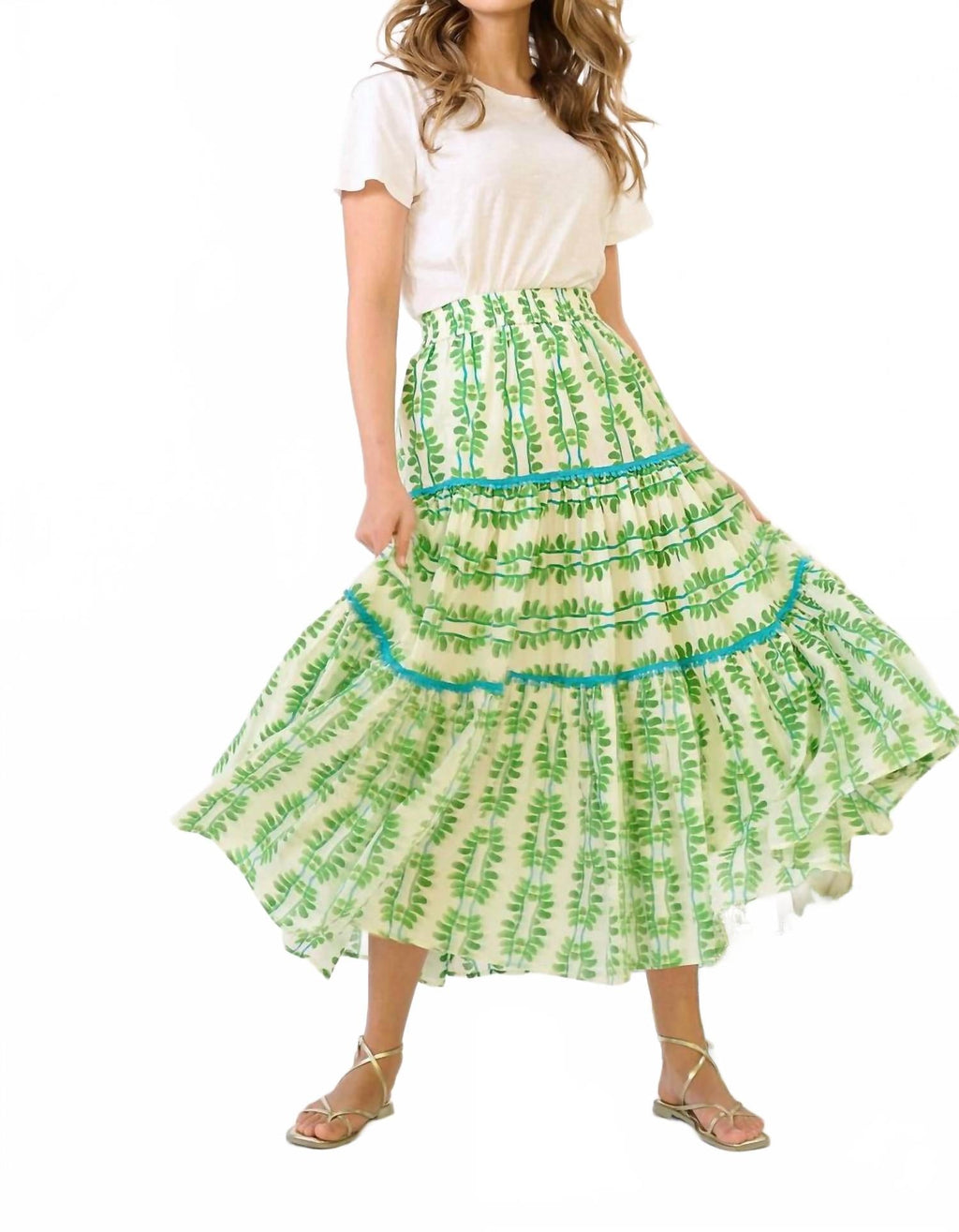 Triple Tiered Maxi Skirt In Palm Leaf