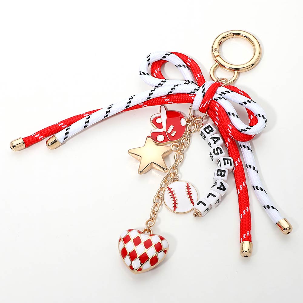 Bow Accent BASEBALL Message Beaded Charm Drop Keychain Bag Charm