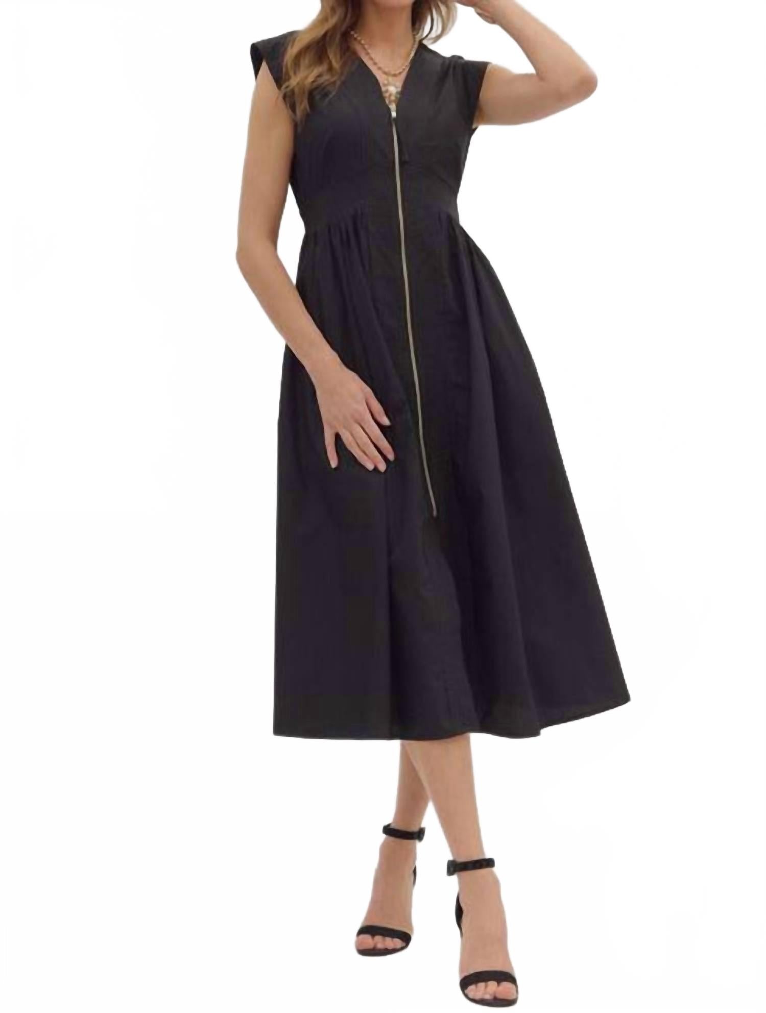 Vivian Front Zipper Smocked Waist Midi Dress In Black