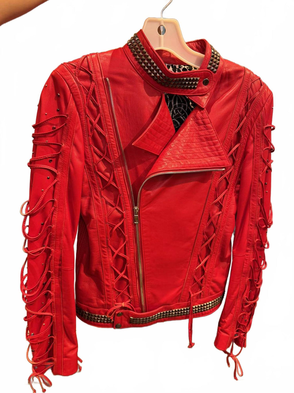 Laced Heart Leather Moto Jacket In Red