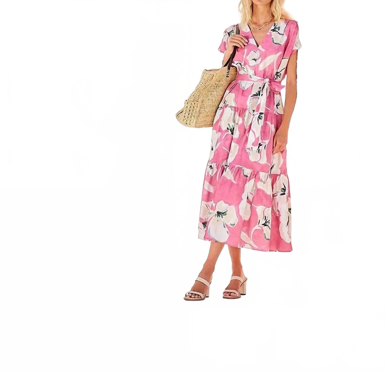 Kristine Tiered Front Slit Midi Dress In Pink Floral
