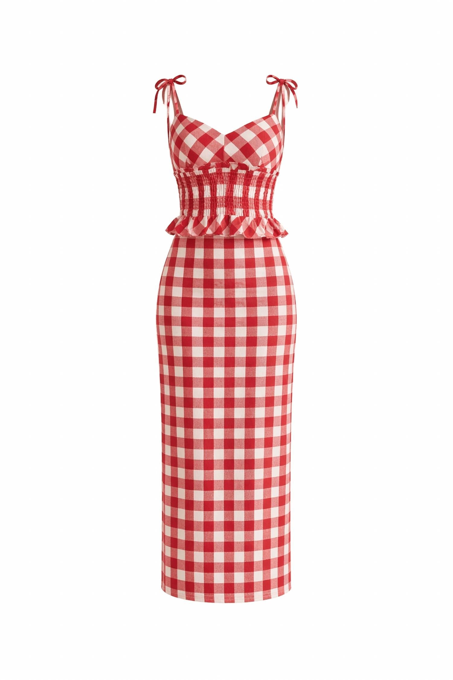 Gingham Sweetheart Top And Midi Skirt Set In Red/white