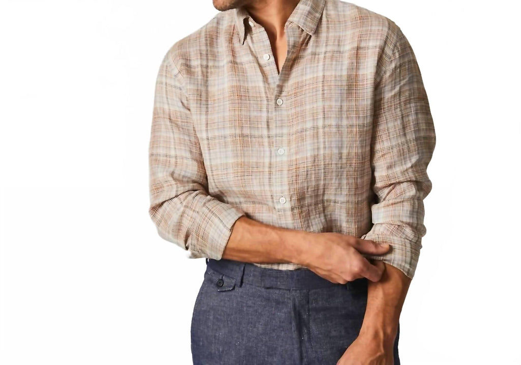 Linen Line Plaid Wilson Shirt In British Khaki/silver