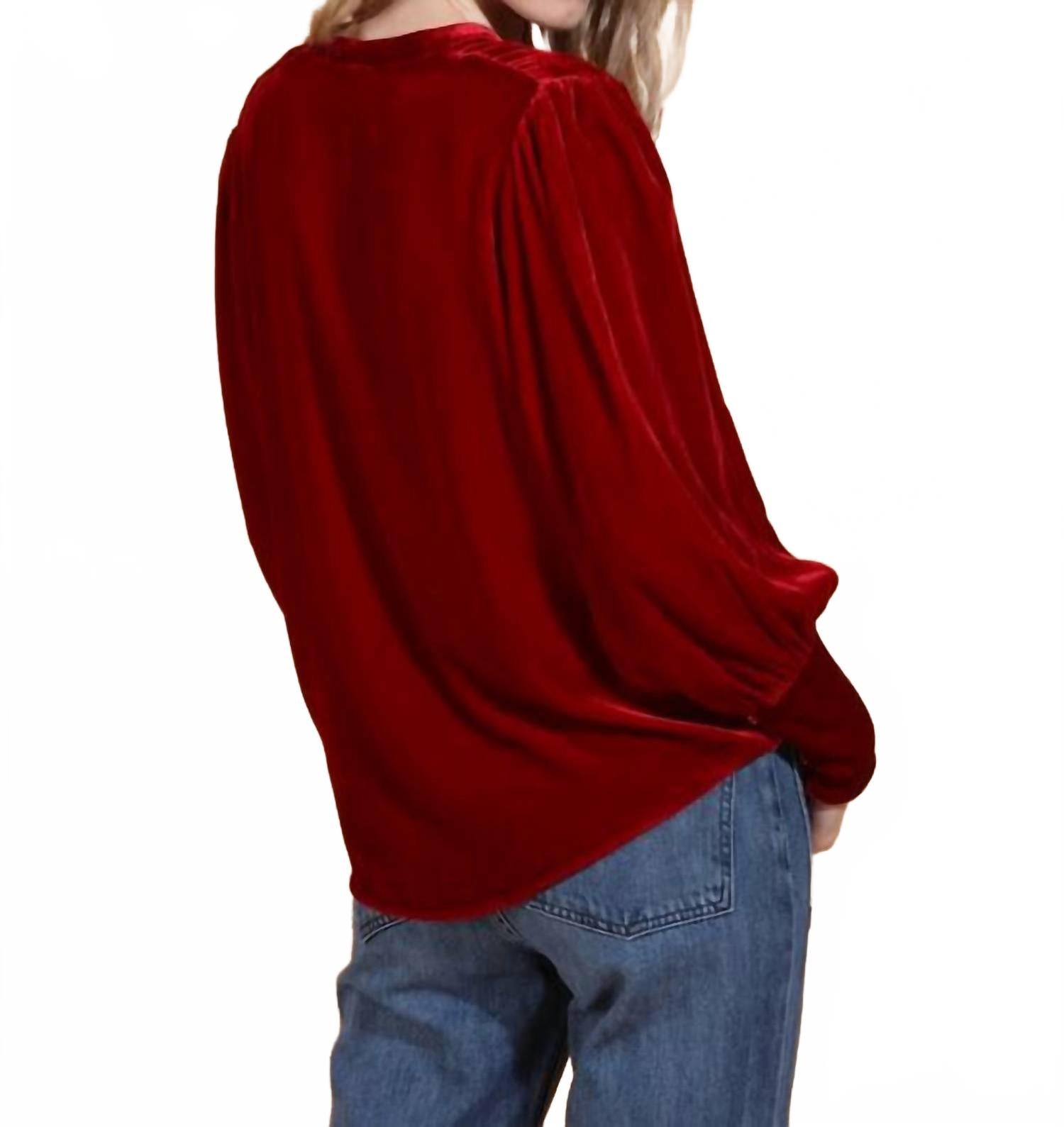 Silk Velvet Zip Front Blouse In Red
