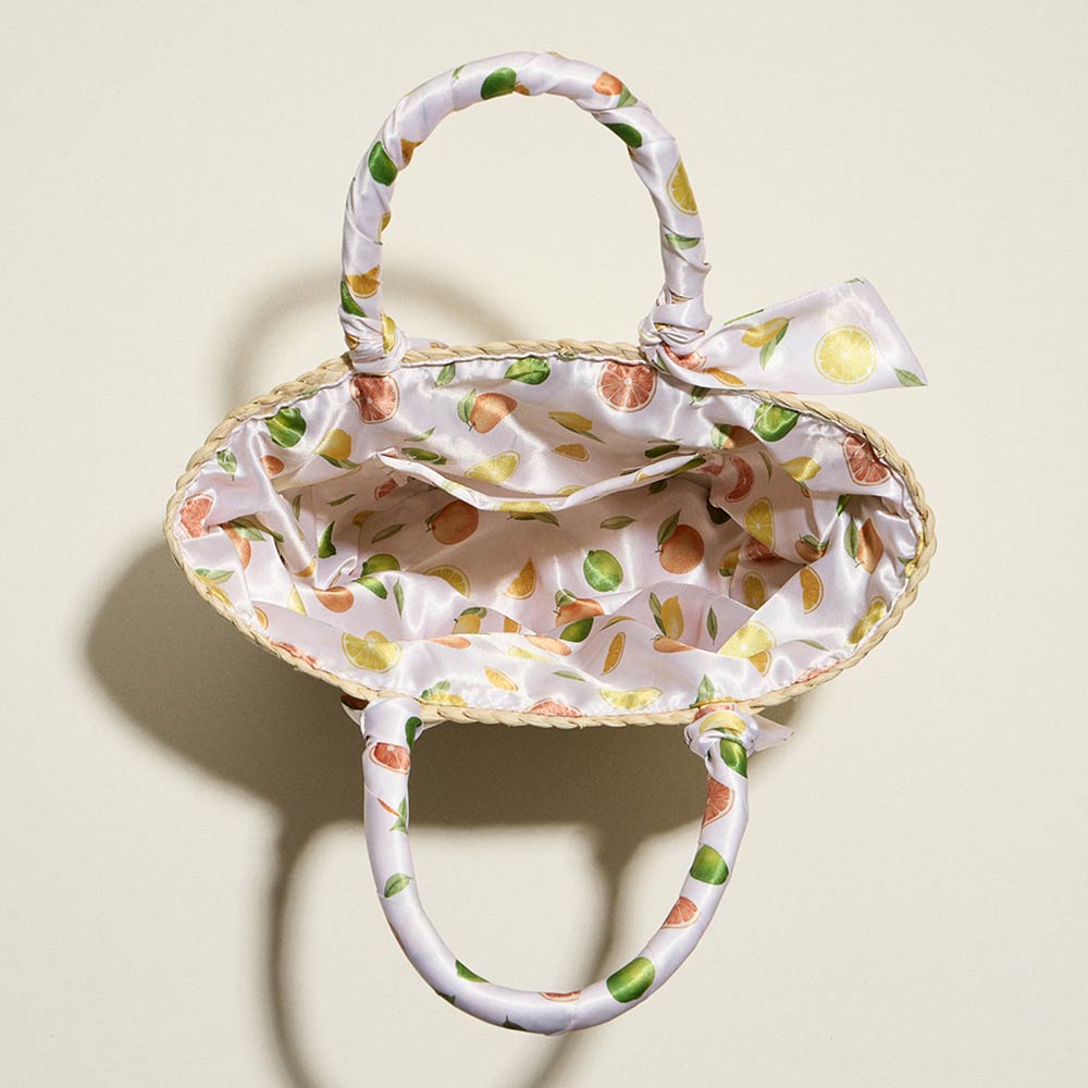 Fruit Print Fabric Scarf Wrapped Handle Raffia Tote Bag
