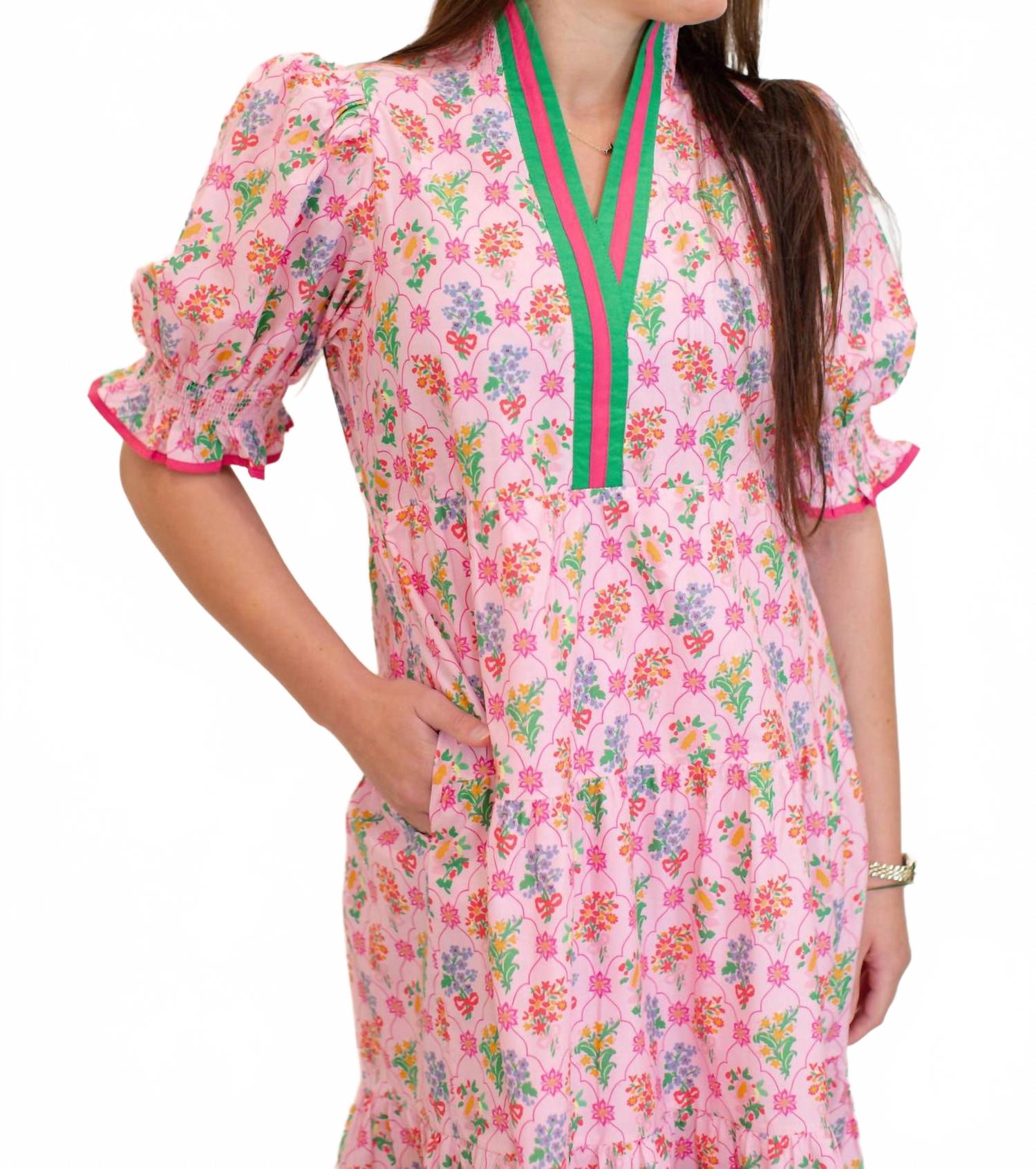 Floral Print Puff Sleeve Midi Dress In Pink Multi