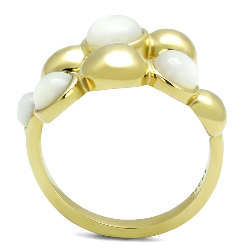 IP Gold(Ion Plating) Stainless Steel Ring with Semi-Precious Coral in Aurora Borealis (Rainbow Effect)