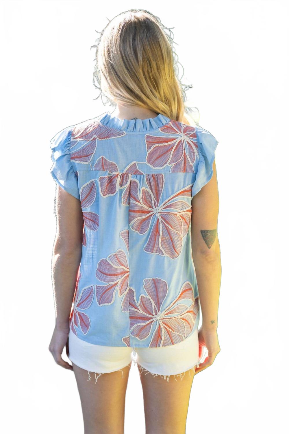 Applique Floral Ruffle Top In Blue