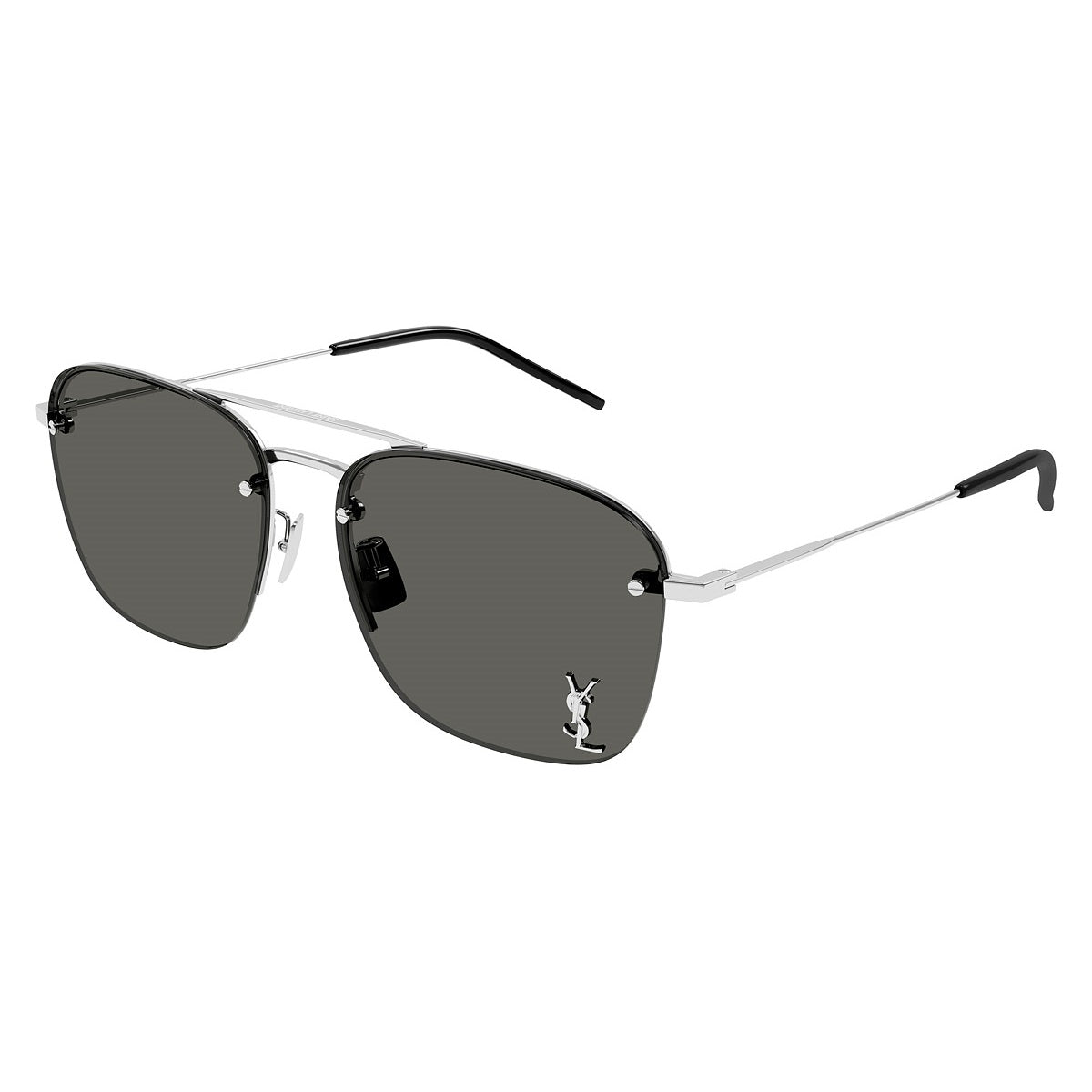 Saint Laurent Sunglasses Aviator Semi Rim, Silver Frame And Grey Lens Sl309M002