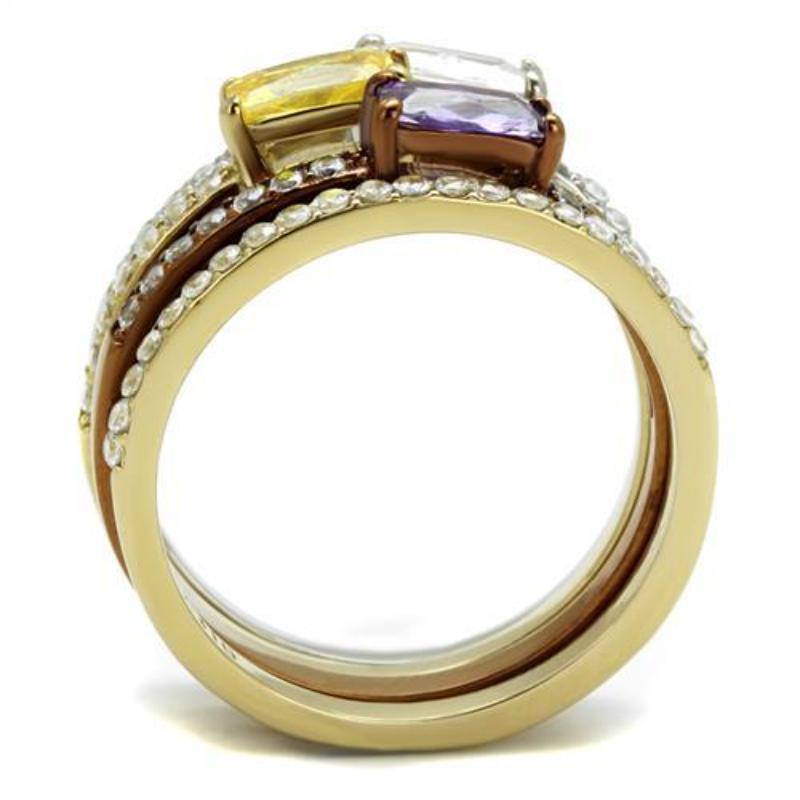 Three Tone (IP Gold & IP Light coffee & High Polished) Stainless Steel Ring with AAA Grade CZ in Multi Color