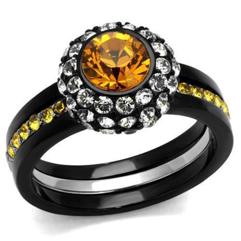 Two-Tone IP Black (Ion Plating) Stainless Steel Ring with Top Grade Crystal in Topaz