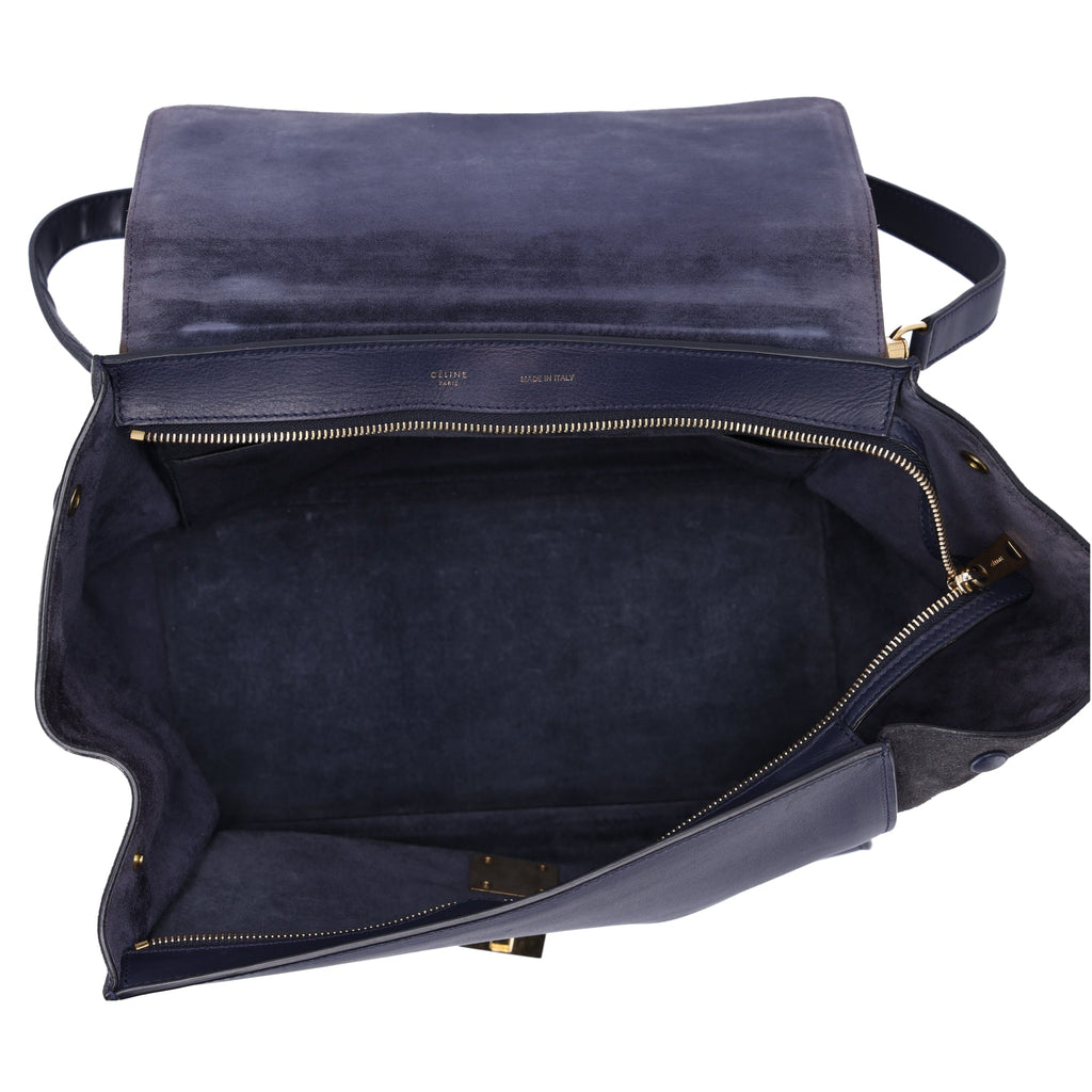 Celine Trapeze Medium Handbag Light Brown Dark Navy Leather Suede