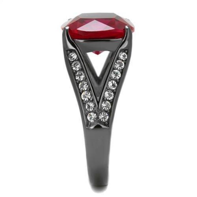 IP Light Black Stainless Steel Ring with Synthetic Corundum in Ruby
