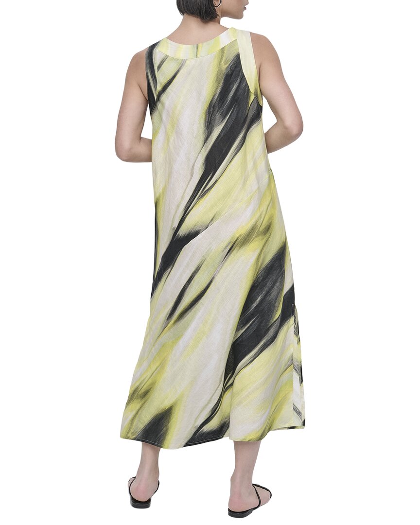DKNY V Neck Panel Print Linen Midi Dess