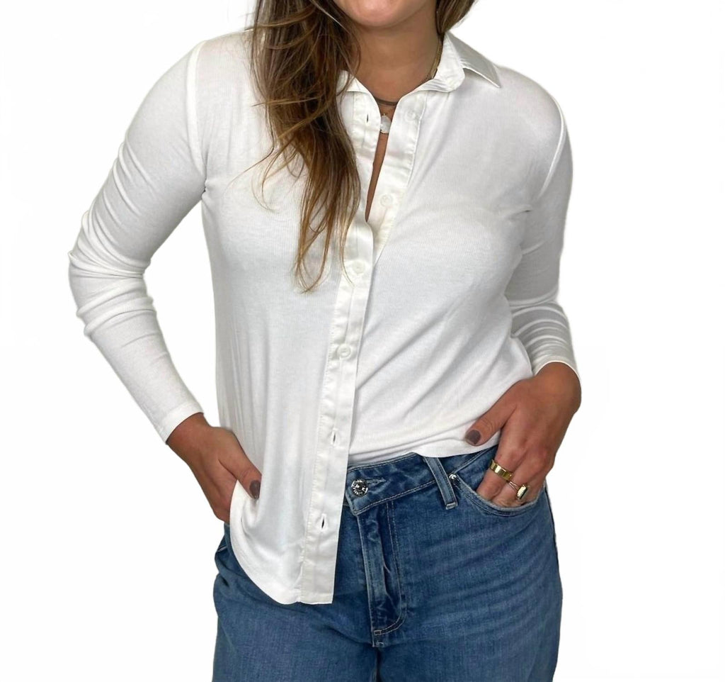 Long Sleeve Rib Mix Shirt In Winter White