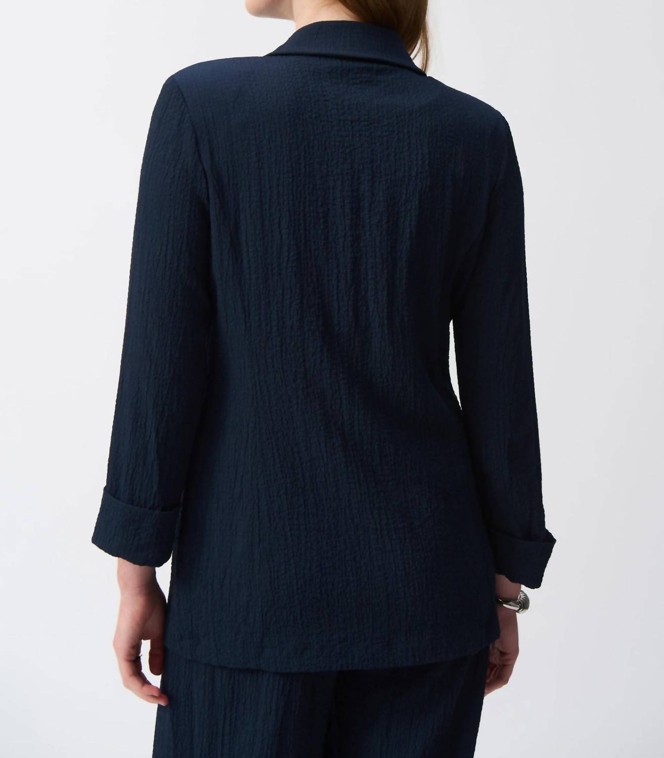 Quarter Sleeve Seersucker Blazer Jacket In Midnight Blue