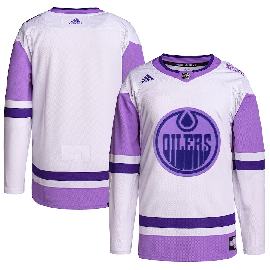 Men's Edmonton Oilers White/Purple Hockey Fights Cancer Primegreen Authentic Blank Practice jersey