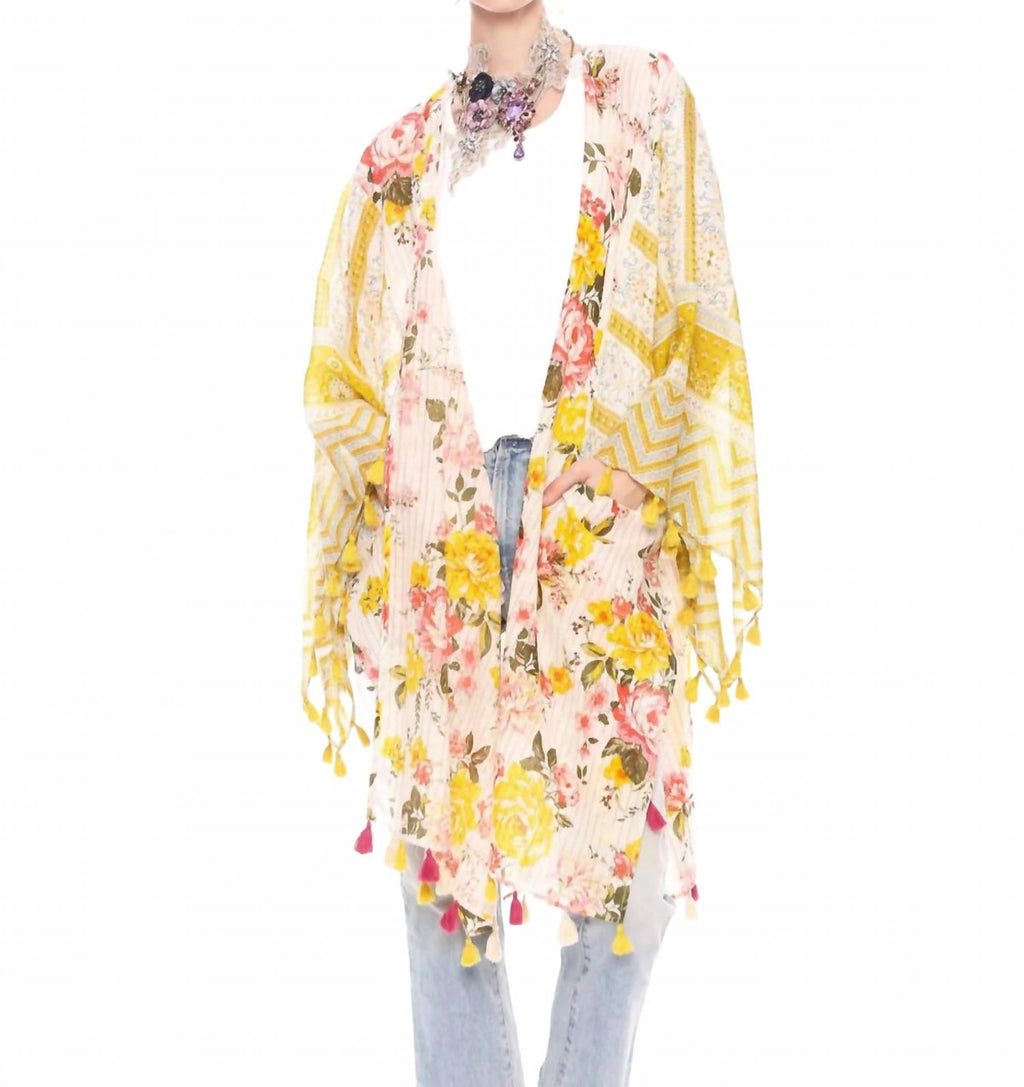 Floral Print Metallic Stipe Kimono In Mustard