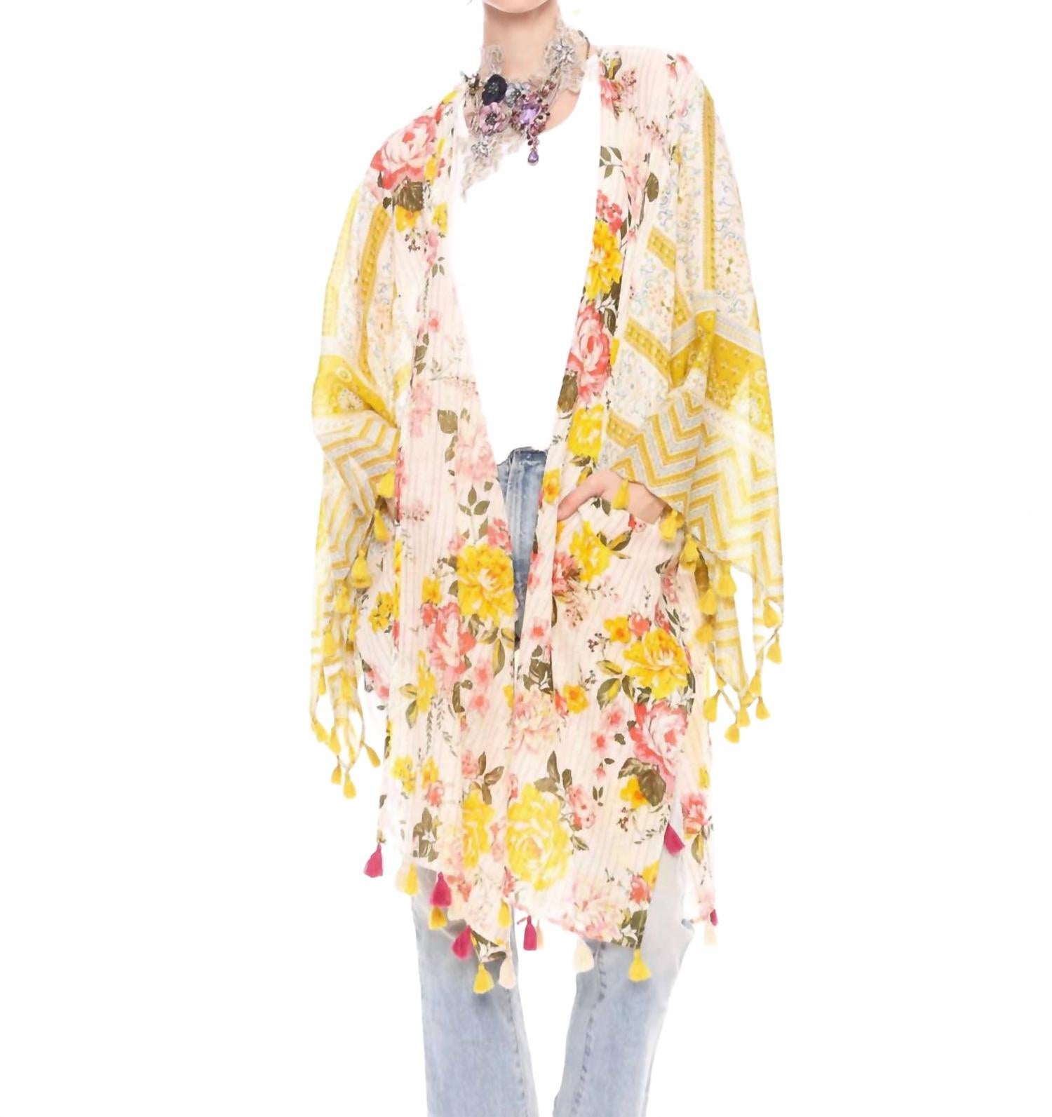 Floral Print Metallic Stipe Kimono In Mustard