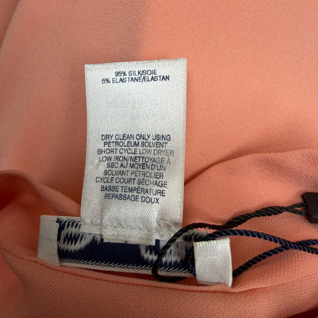 Oscar De La Renta Tie Neck Short Sleeve Blouse in Coral Silk