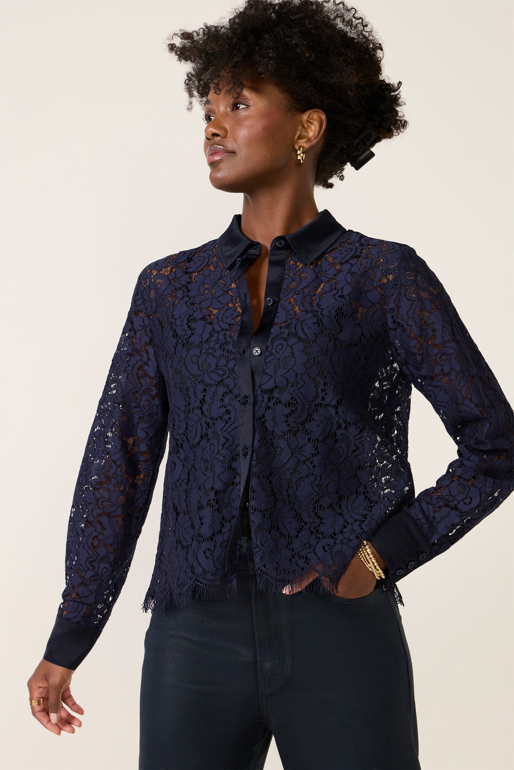 Women's Lace Contrast Button Down Shirt