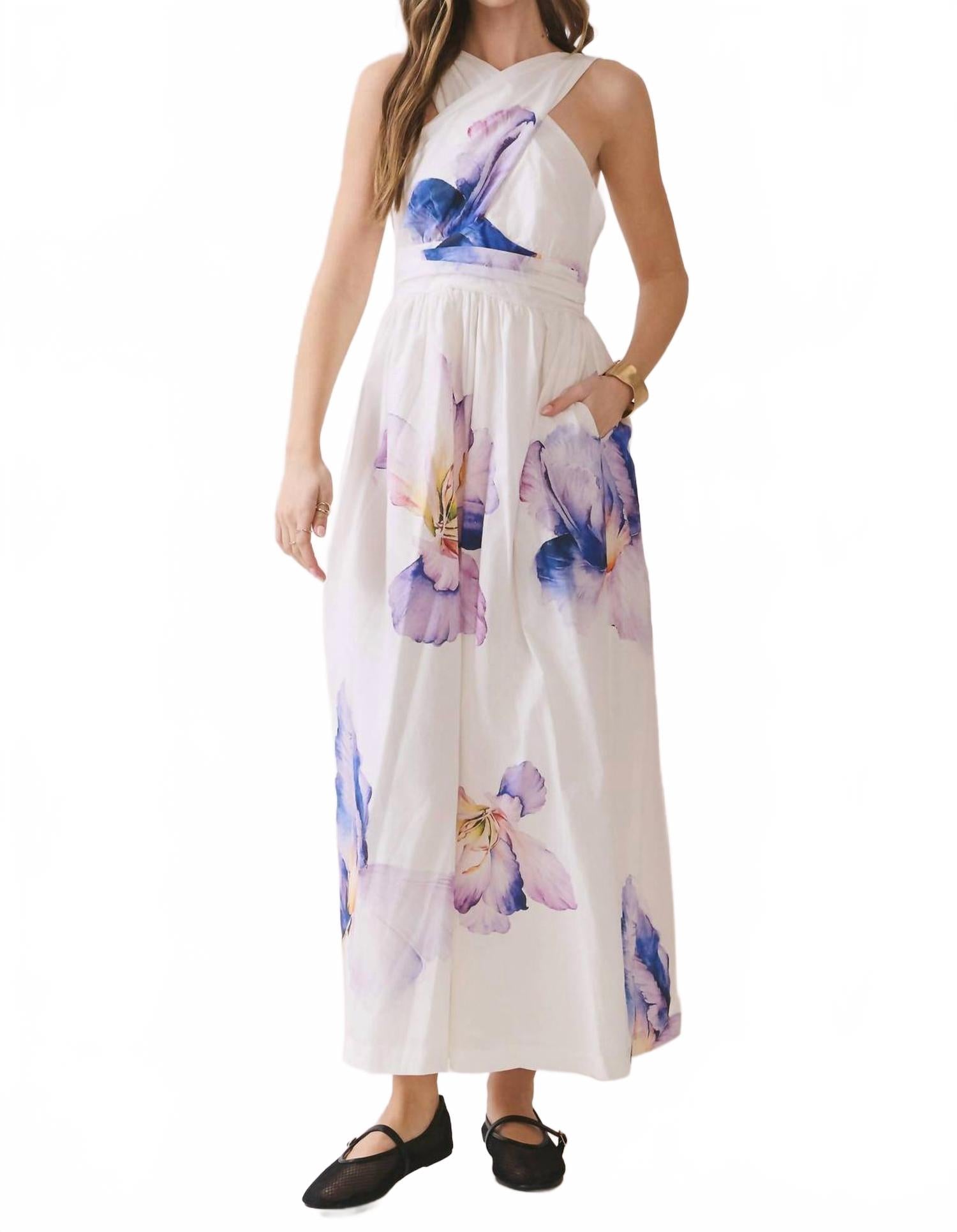 Floral Print Cross Halter Neck Midi Dress In Off White