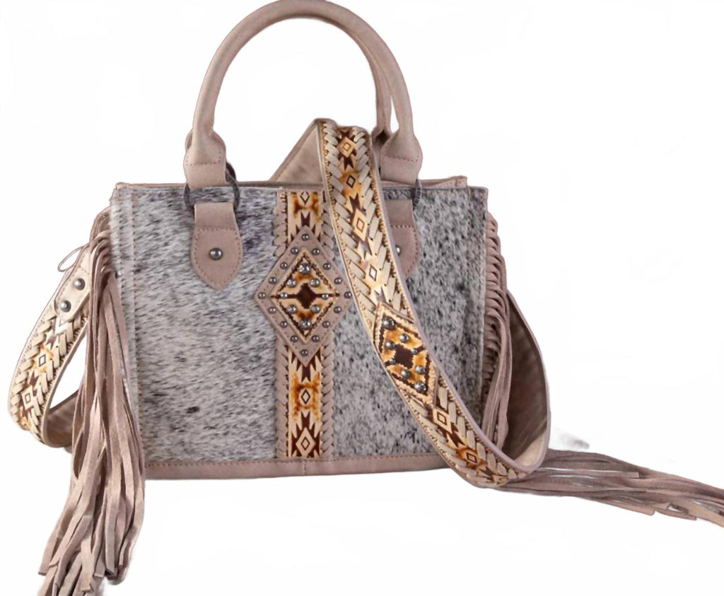 Women's Concealed Carry Hair-On Tooled Fringe Purse In Tan/natural